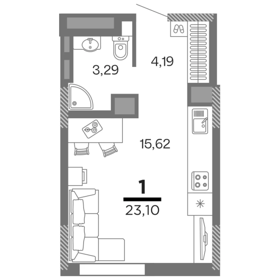 1-ая квартира 23.1 м2 с улучшенной планировкой